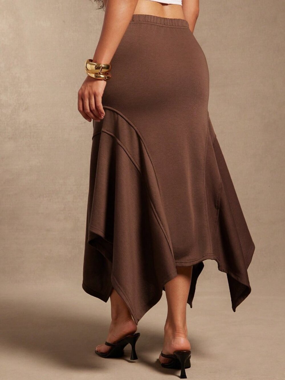 Brown Casual Women's Lightweight Handkerchief Hem Midi Skirt - Picture 2 of 5